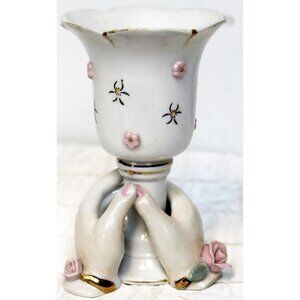 Vtg 50s Lefton China Bud Vase Womans Lady Hands Holding Cup Pink Rose 5"